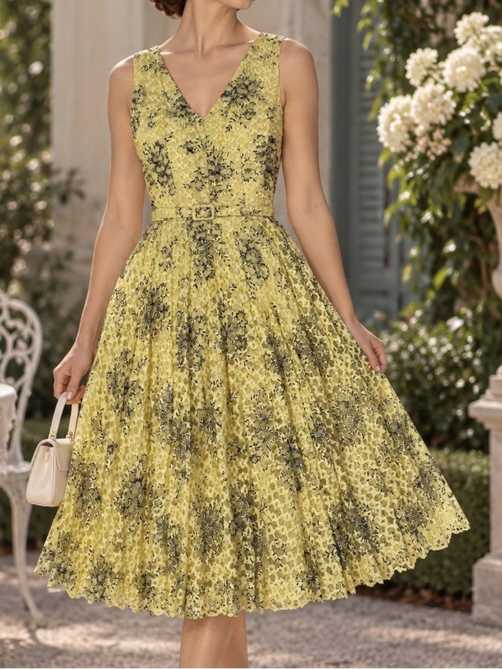 1950s Yellow Lattice Lace Floral Swing Dress XS